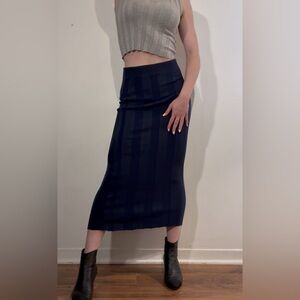 Cashmere Silk blend Knit Bodycon Ribbed Midi skirt Navy Electric and Rose